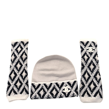 Chanel Cashmere Blend CC Beanie Hat With Gloves Set White Navy Blue 1 of 4