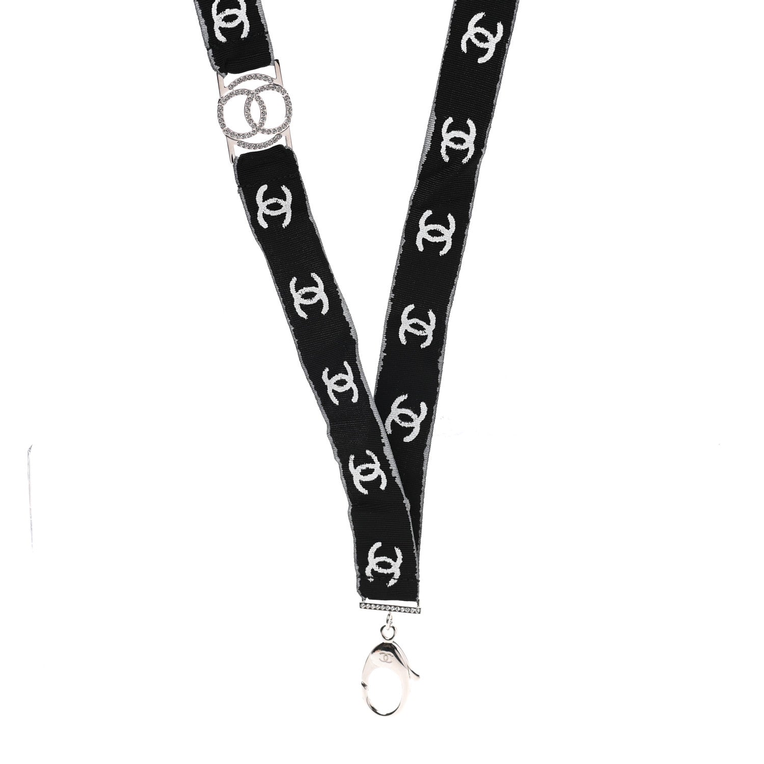 Chanel Crystal CC Lanyard Necklace Black Silver 1 of 6
