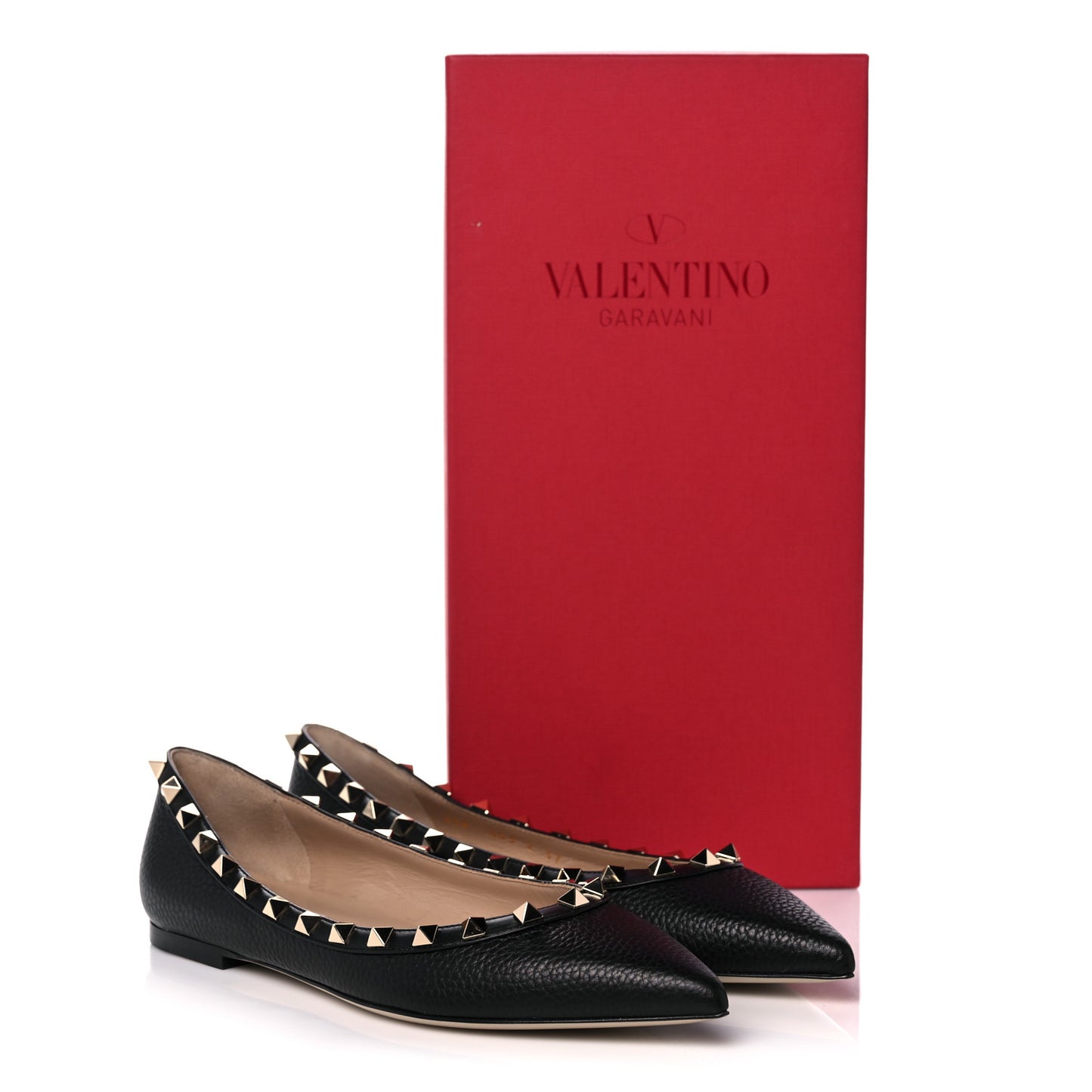 Pebbled Calfskin Rockstud Ballerina Flats 37 Black
