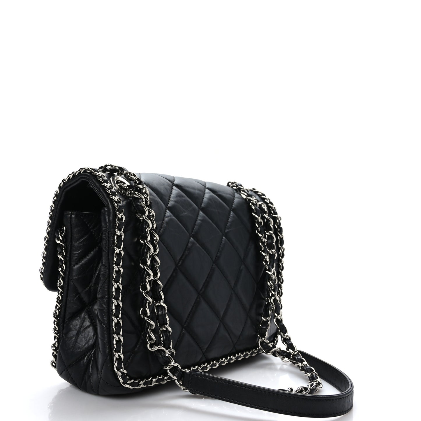 Crumpled Calfskin Medium Chain All Over Flap Black