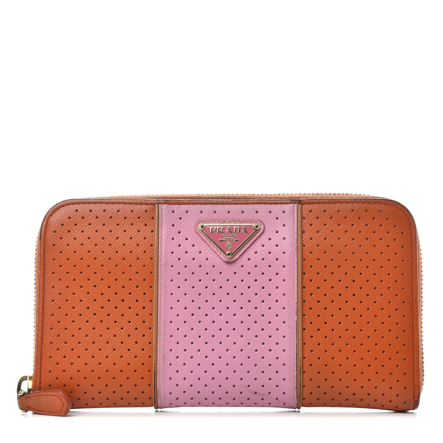 Prada Saffiano Perforated Striped Zip Around Wallet Papaya Caramel 1 of 6
