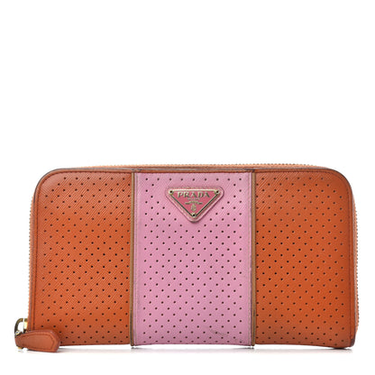 Prada Saffiano Perforated Striped Zip Around Wallet Papaya Caramel 1 of 6