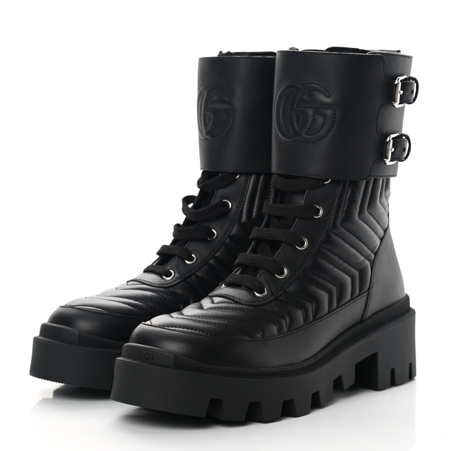 Nappa Frances GG Matelasse Platform Combat Boots 37 Black