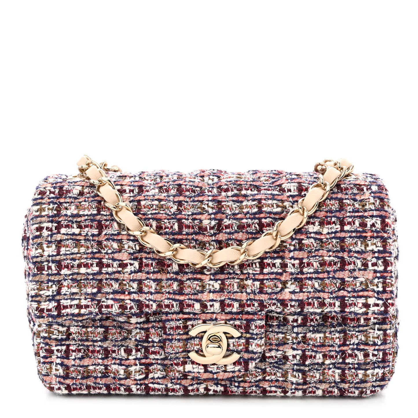 Tweed Quilted Mini Rectangular Flap Burgundy Ecru