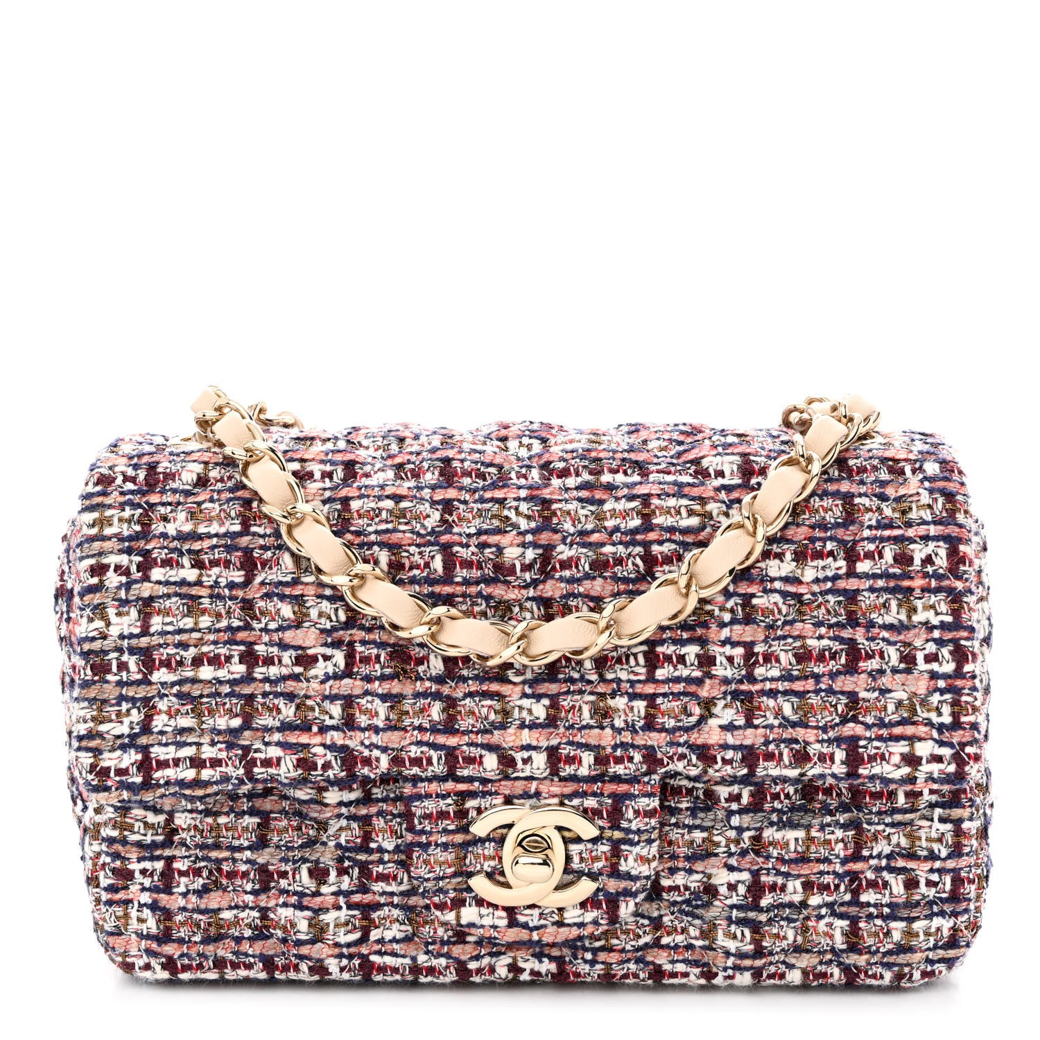 Chanel Tweed Quilted Mini Rectangular Flap Burgundy Ecru 1 of 10