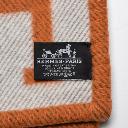 Hermes Wool Cashmere Signature Classic Avalon Blanket Ecru Potiron 5 of 5