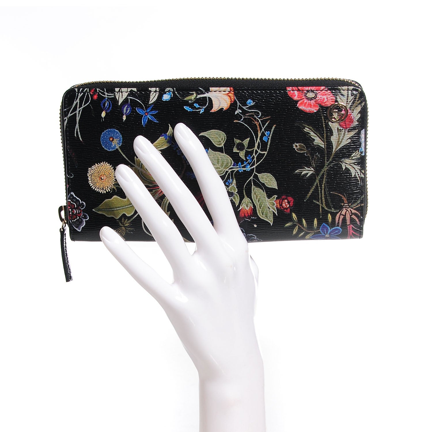 Gucci Shangai Calfskin Flora Knight Zip Around Wallet Black 2 of 8