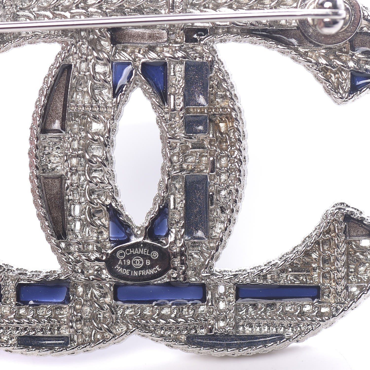 Chanel Crystal Pearl CC Tweed Brooch Blue White Pearly White 5 of 6