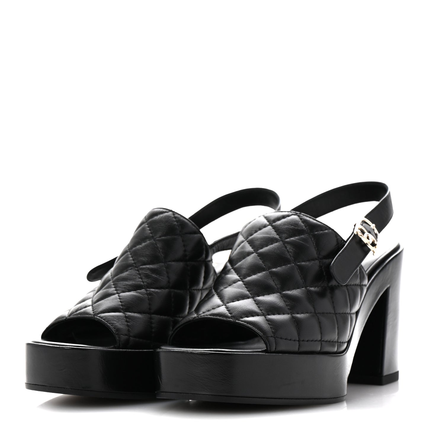 Lambskin Quilted Peep Toe Wedge Sandals 38 Black