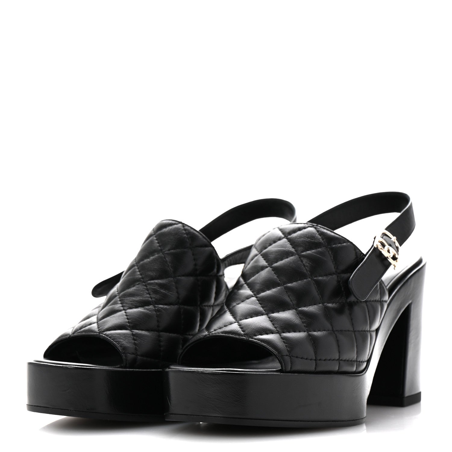 Chanel Lambskin Quilted Peep Toe Wedge Sandals 38 Black 4 of 10