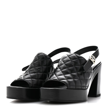 Chanel Lambskin Quilted Peep Toe Wedge Sandals 38 Black 4 of 10