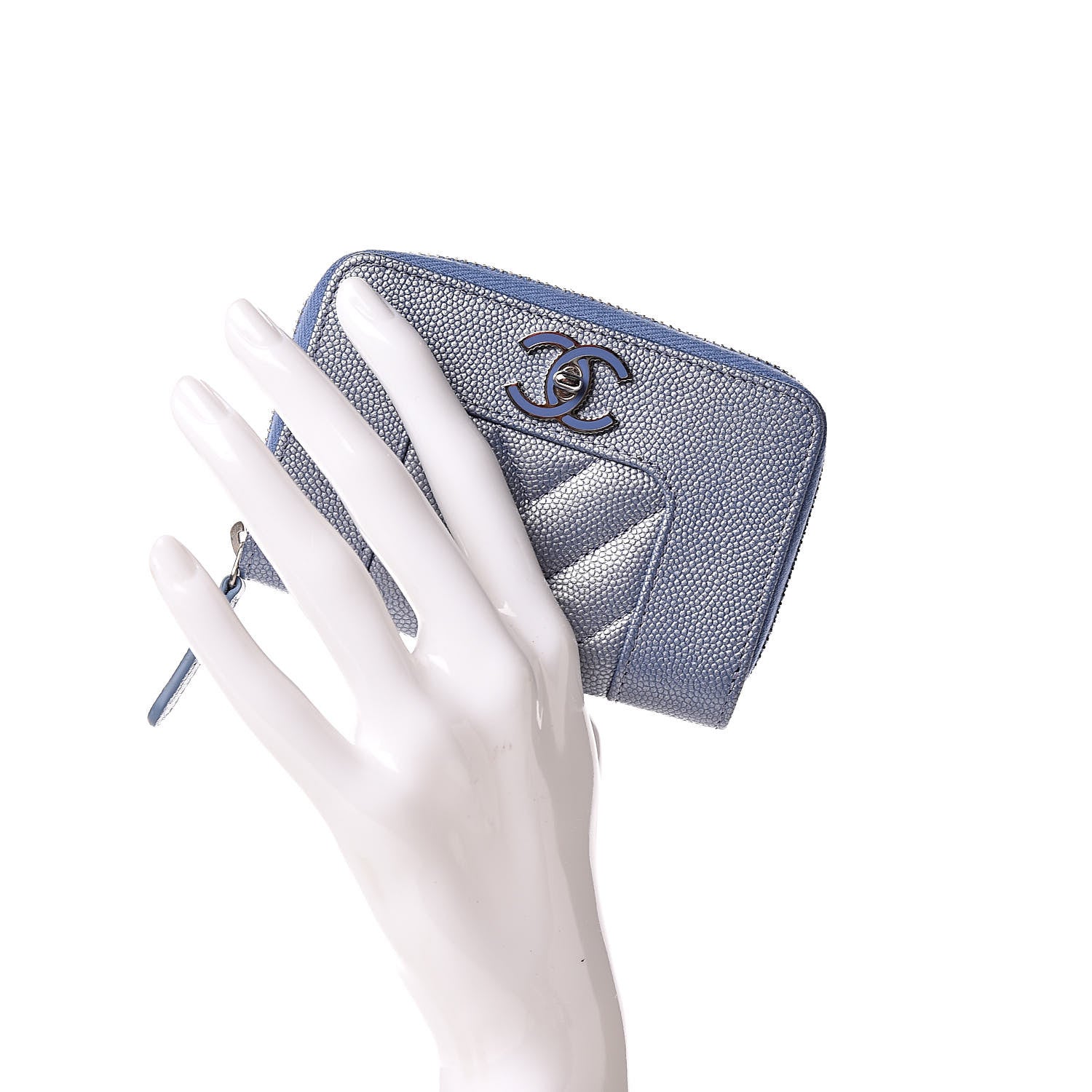 Chanel Metallic Caviar Chevron Quilted Vintage Mademoiselle Zip Coin Purse Light Blue 2 of 10