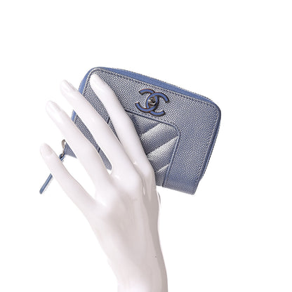 Chanel Metallic Caviar Chevron Quilted Vintage Mademoiselle Zip Coin Purse Light Blue 2 of 10