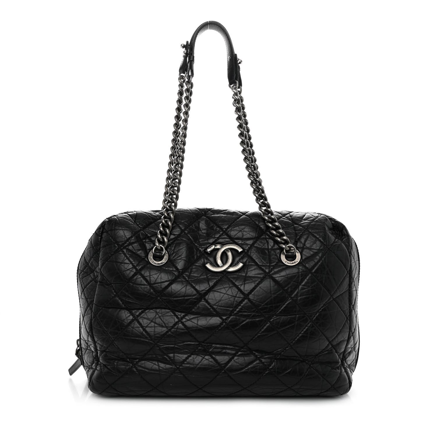 Aged Calfskin Quilted Large Secret Tag Bowling Bag Black