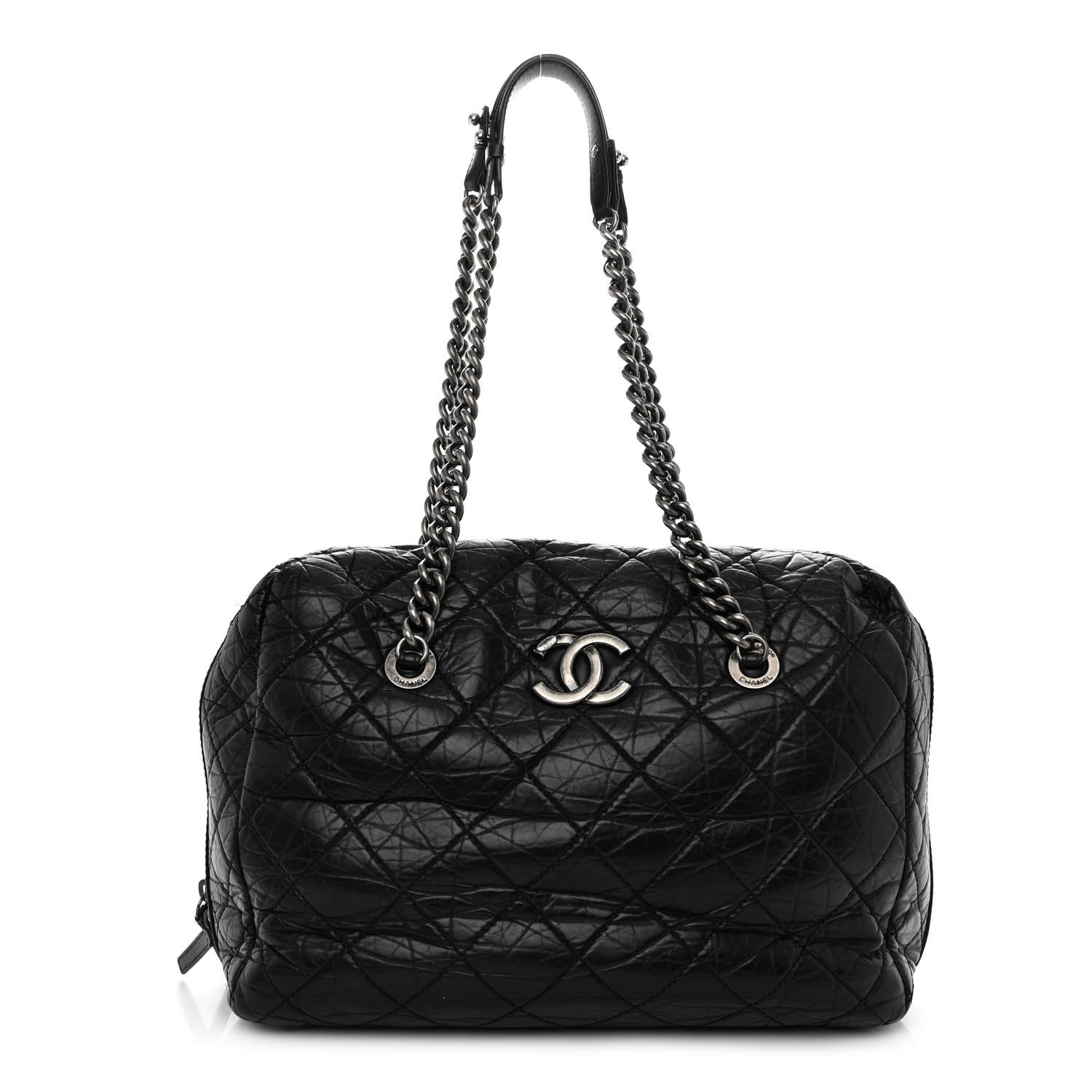 Chanel Aged Calfskin Quilted Large Secret Tag Bowling Bag Black 1 of 12