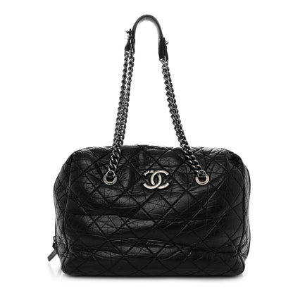 Chanel Aged Calfskin Quilted Large Secret Tag Bowling Bag Black 1 of 12