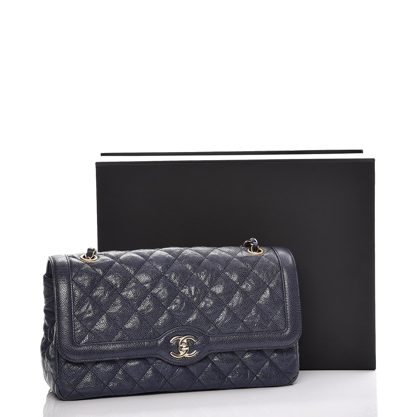 Crumpled Grained Calfskin Flap Navy Blue