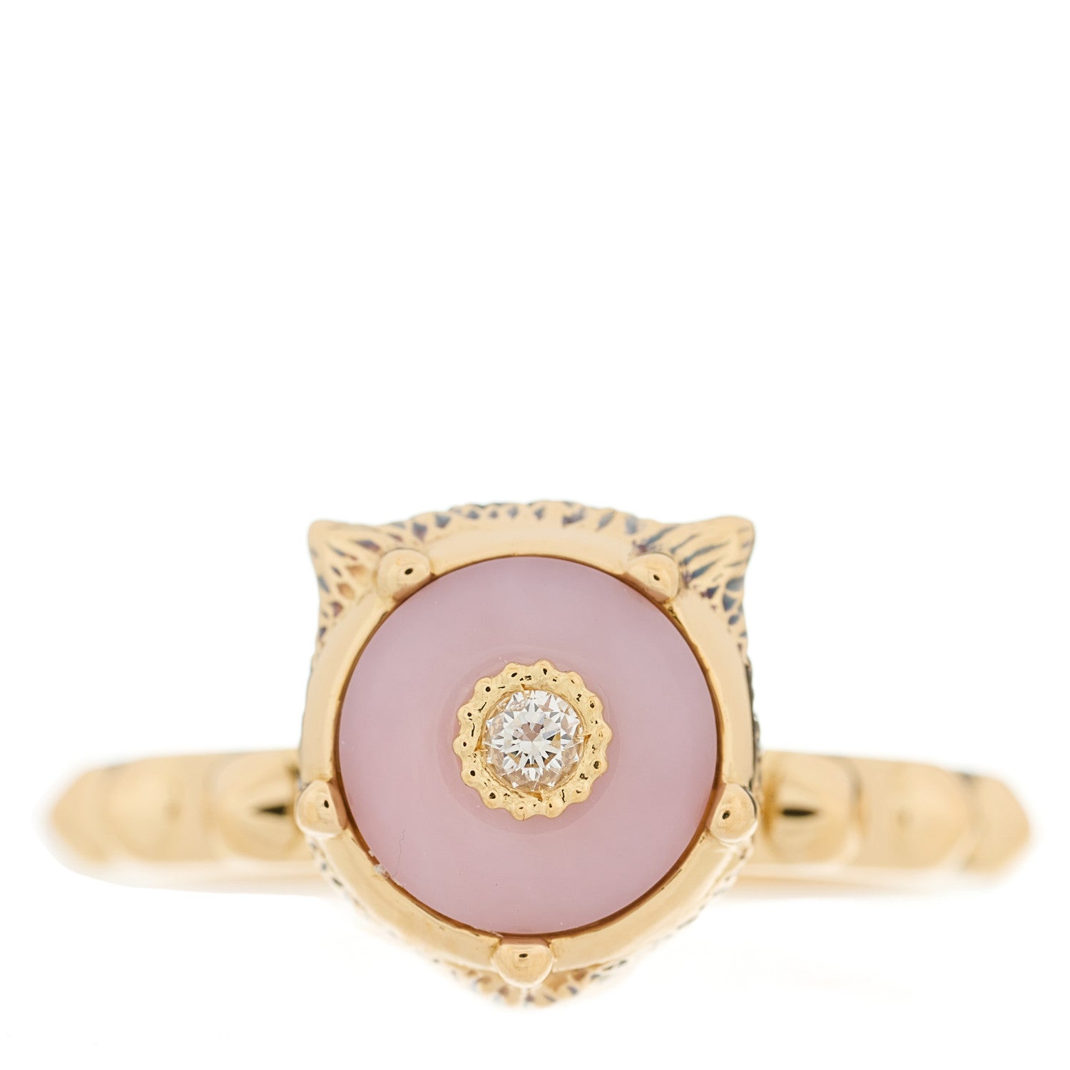 Gucci 18K Yellow Gold Pink Opal Diamond Le Marché Des Merveilles Feline Ring 52 6 1 of 6