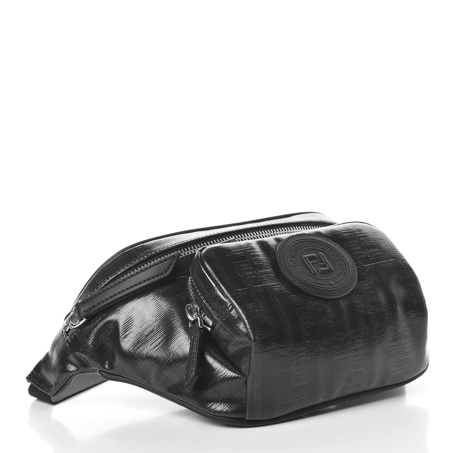 Fendi Glazed Fabric Vitello Century FF 1974 Stamp Patch Pocket Belt Bag Black 4 of 7