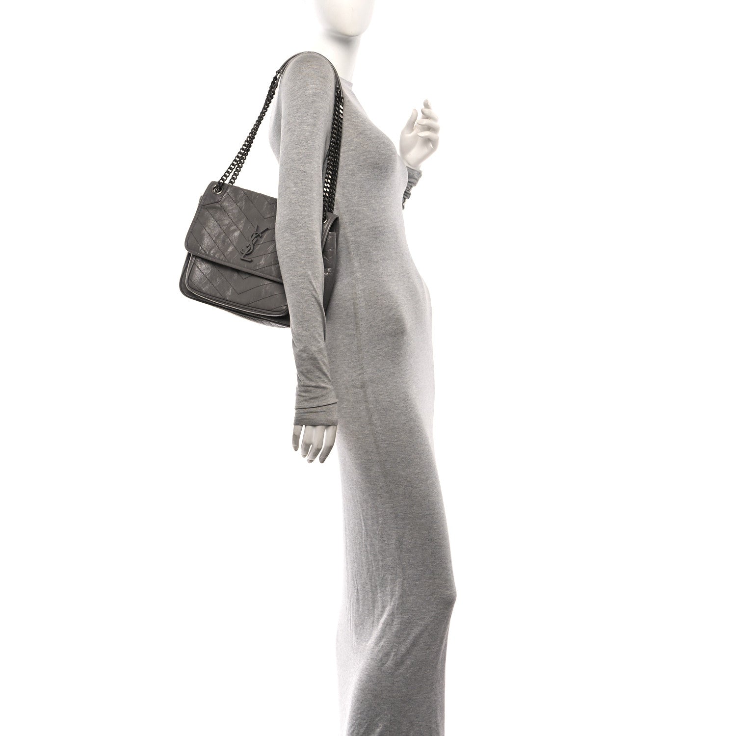 Saint Laurent Crinkled Calfskin Matelasse Monogram Medium Niki Chain Satchel Fog 2 of 11