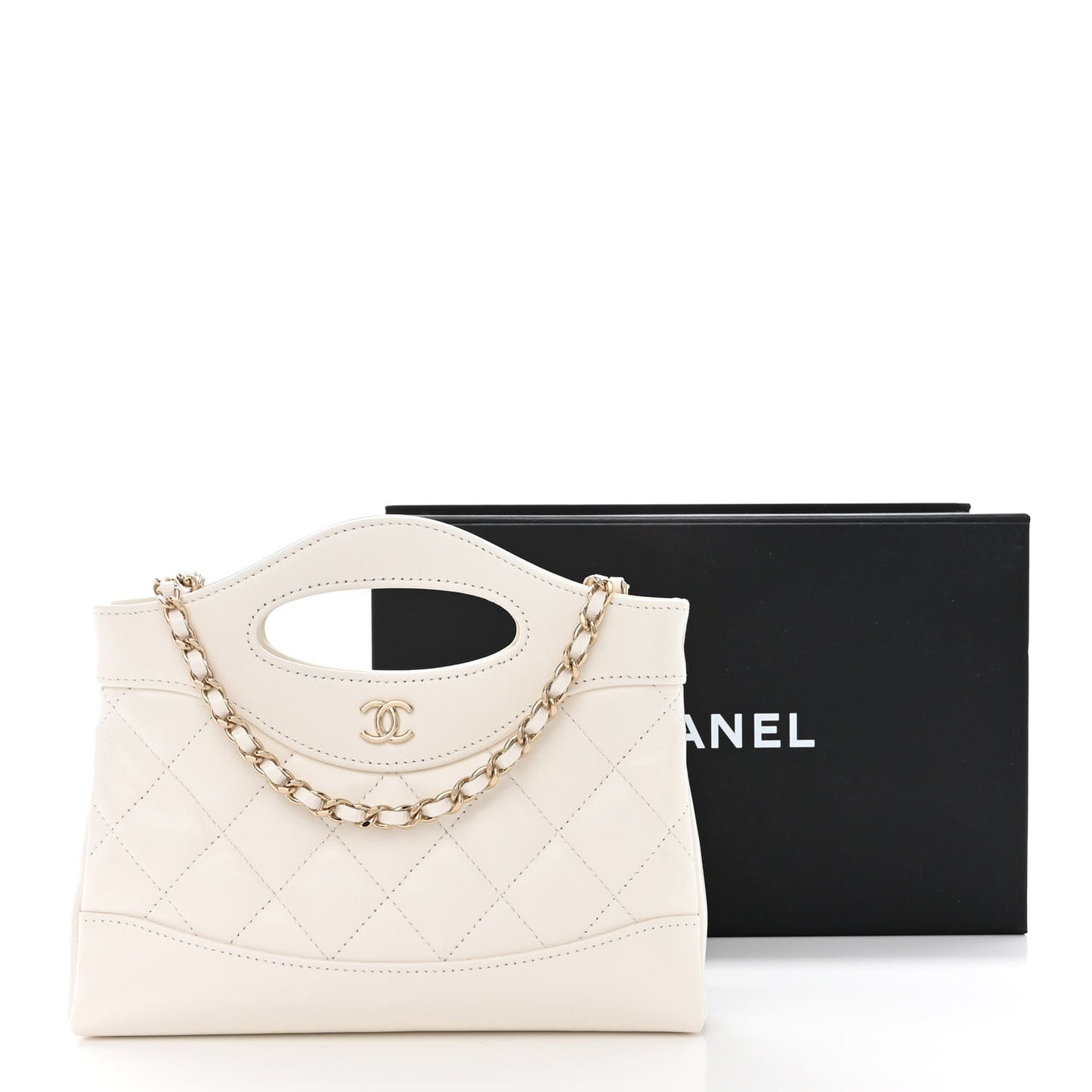 Shiny Crumpled Calfskin Quilted Nano 31 Shopping Bag White