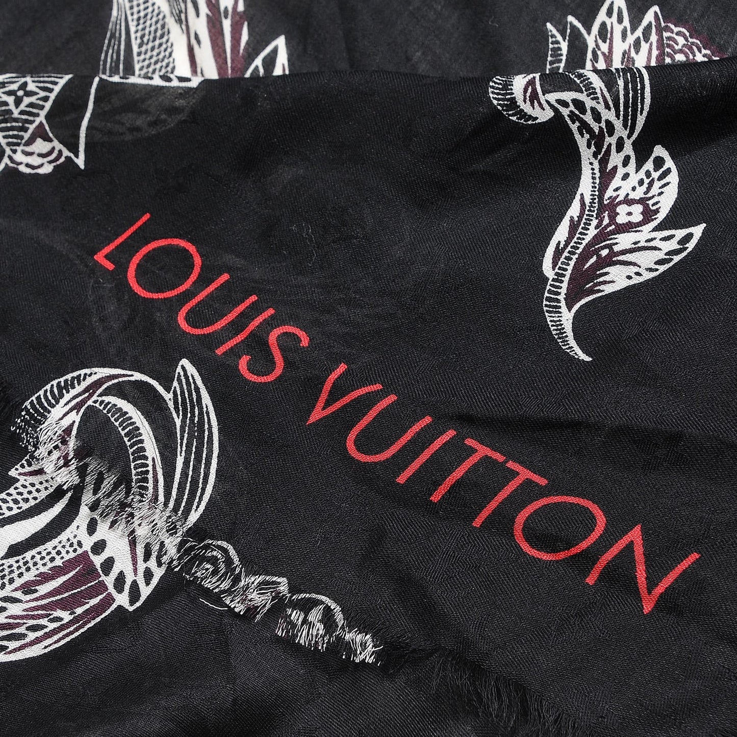 Silk Wool Cashmere Macro Indian Flower Stole Black