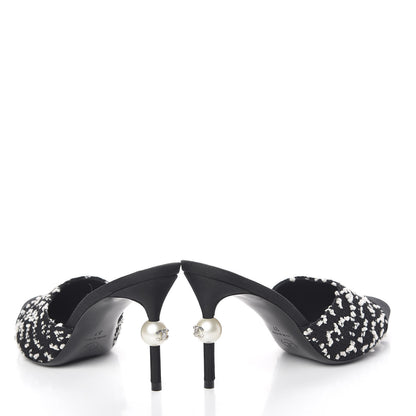 Chanel Tweed Grosgrain Pearl Mules 37 Black White 5 of 13