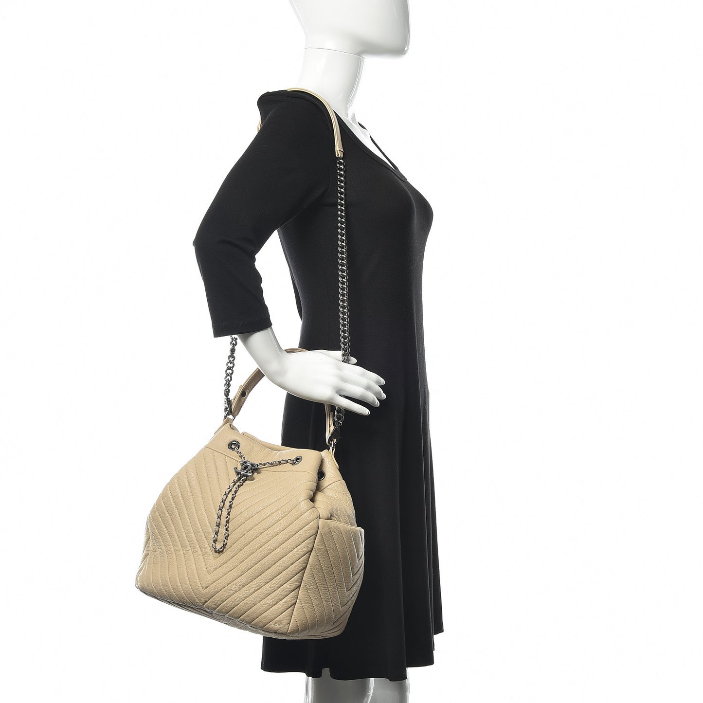 Deerskin Chevron Large CC Chain Bucket Drawstring Bag Beige