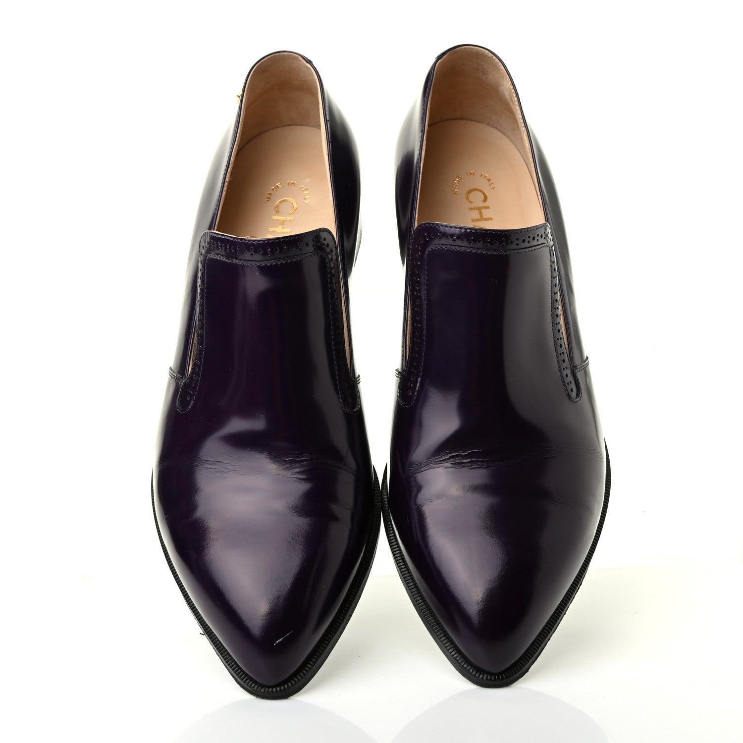 Chanel Glazed Calfskin CC Loafers 38.5 Dark Purple 5 of 12