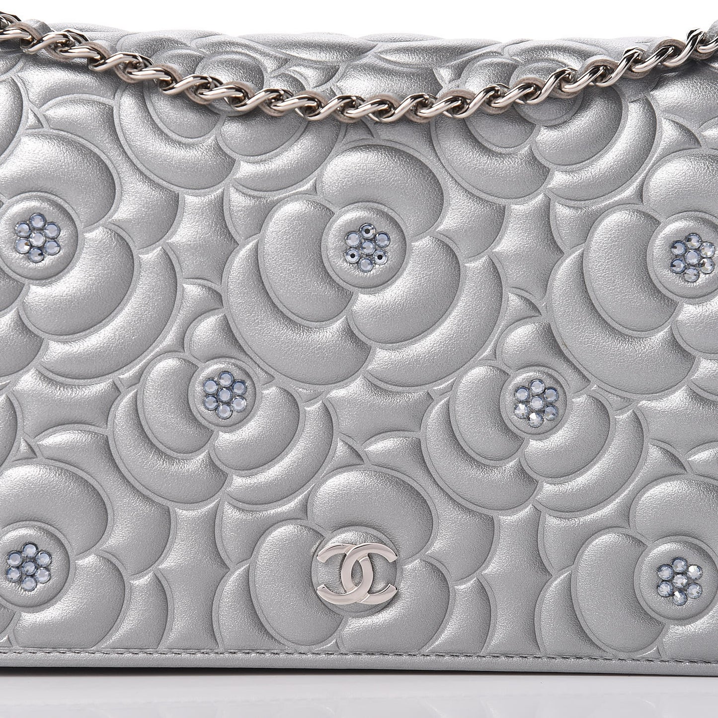 Metallic Lambskin Camellia Crystal Wallet on Chain WOC Silver