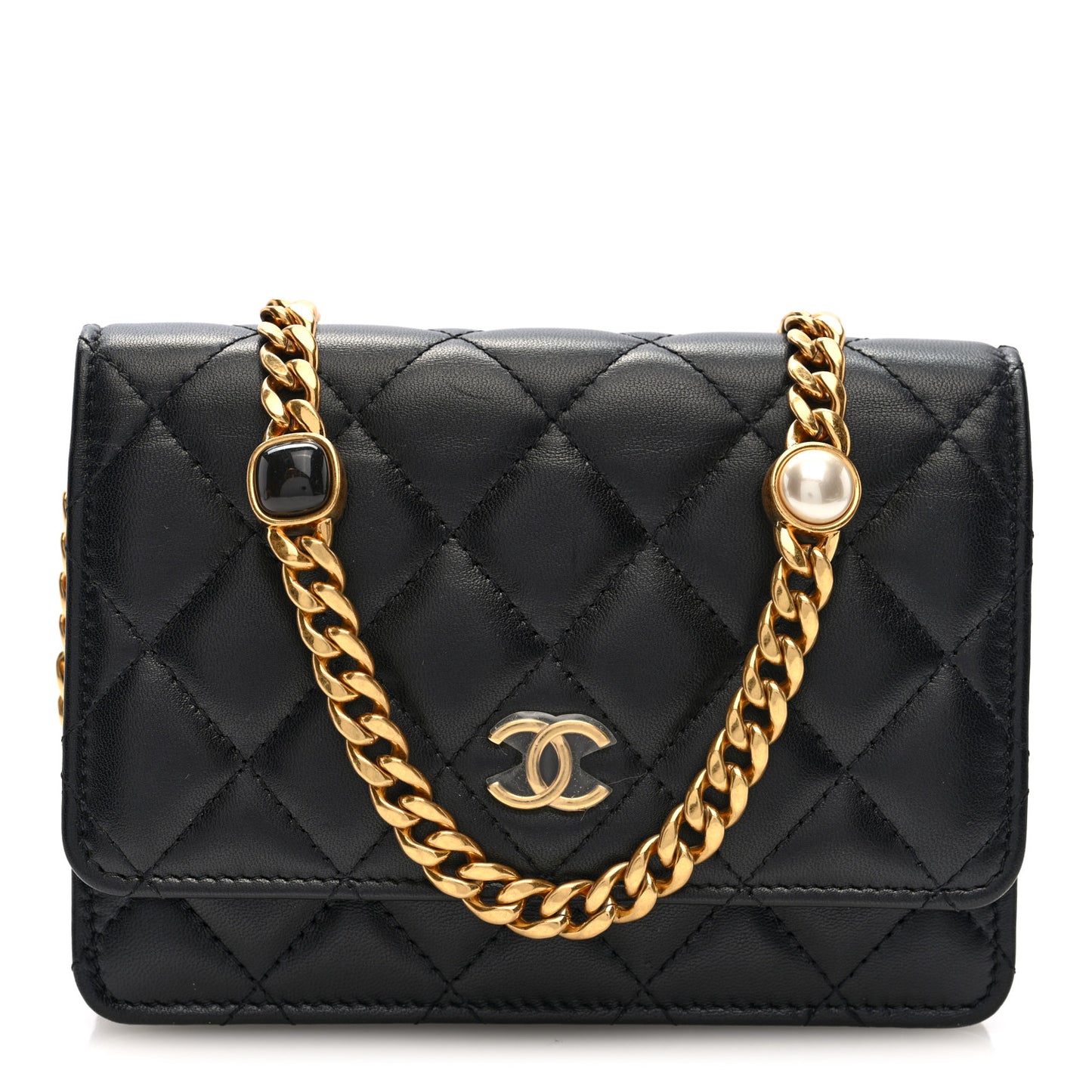 Lambskin Quilted CC Pearl Enamel Clutch on Chain WOC Black