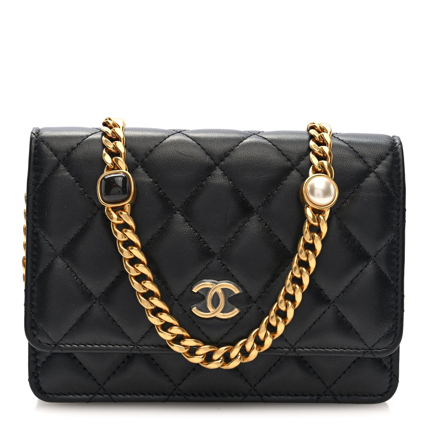 Chanel Lambskin Quilted CC Pearl Enamel Clutch on Chain WOC Black 1 of 10
