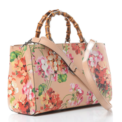 Gucci Shangai Calfskin Blooms Print Medium Bamboo Shopper Tote Pink Apricot Multicolor 3 of 12