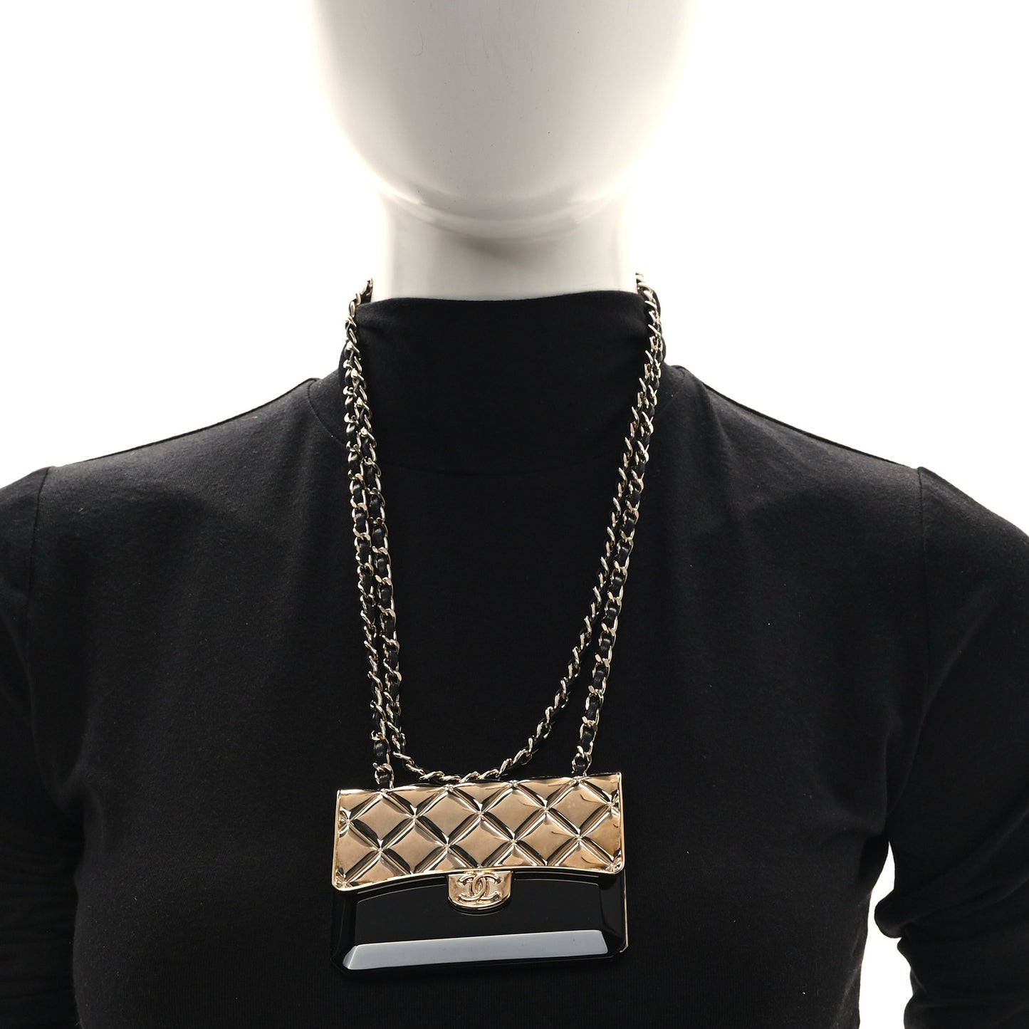 Metal Resin Lambskin Flap Bag Long Necklace Gold Black