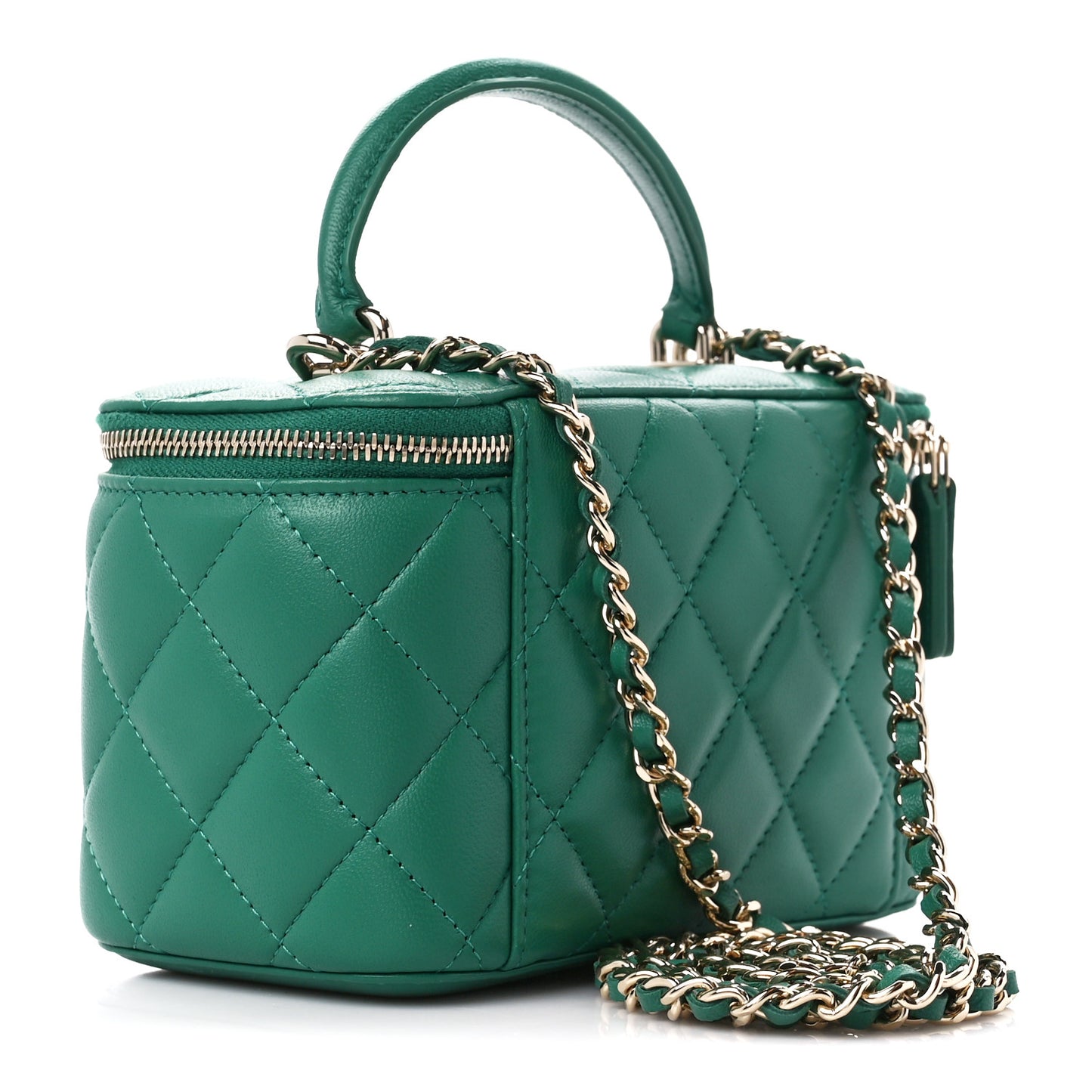 Lambskin Quilted Small Top Handle Vanity Case With Chain Green