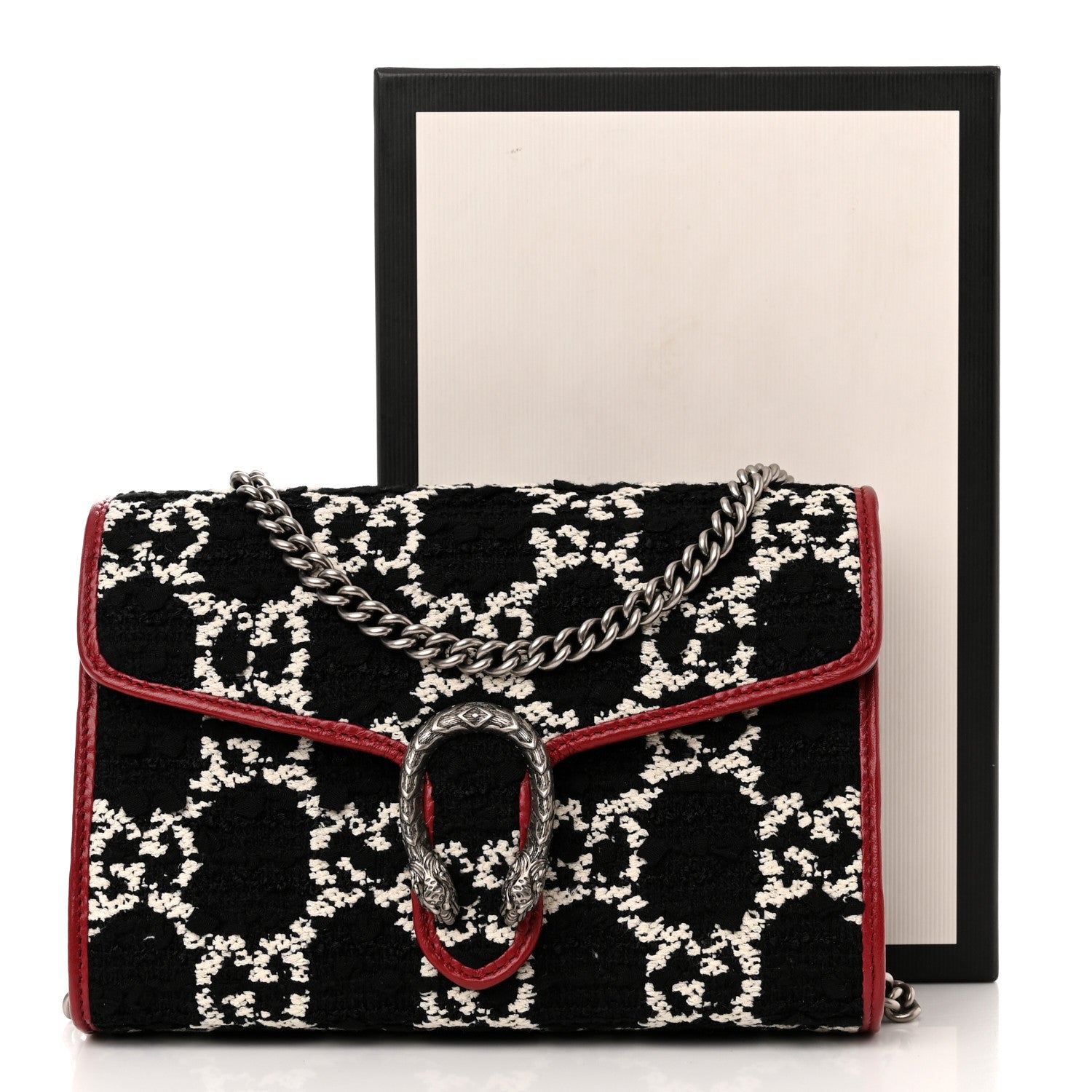 Gucci Tweed GG Monogram Mini Dionysus Chain Wallet Black White Romantic Cherry 11 of 11