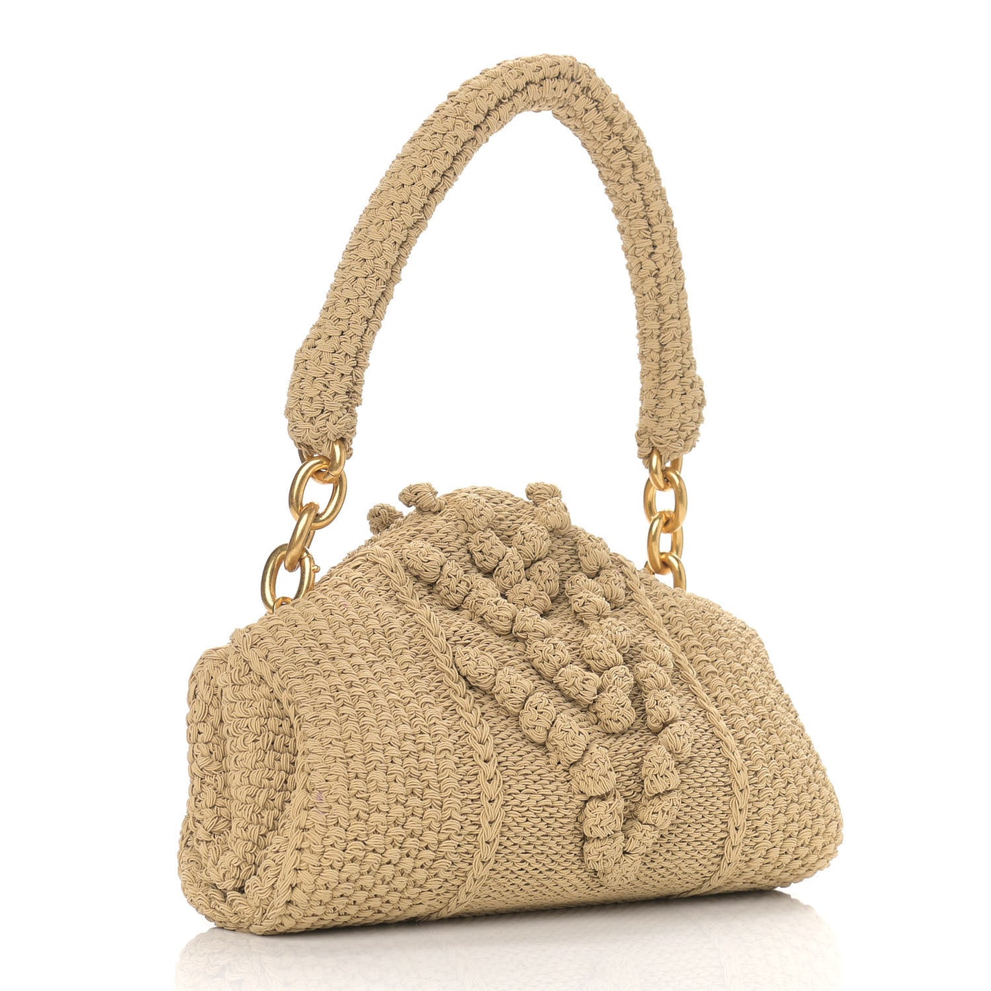 Wool Knit Lambskin Tip Shoulder Bag Cane Sugar