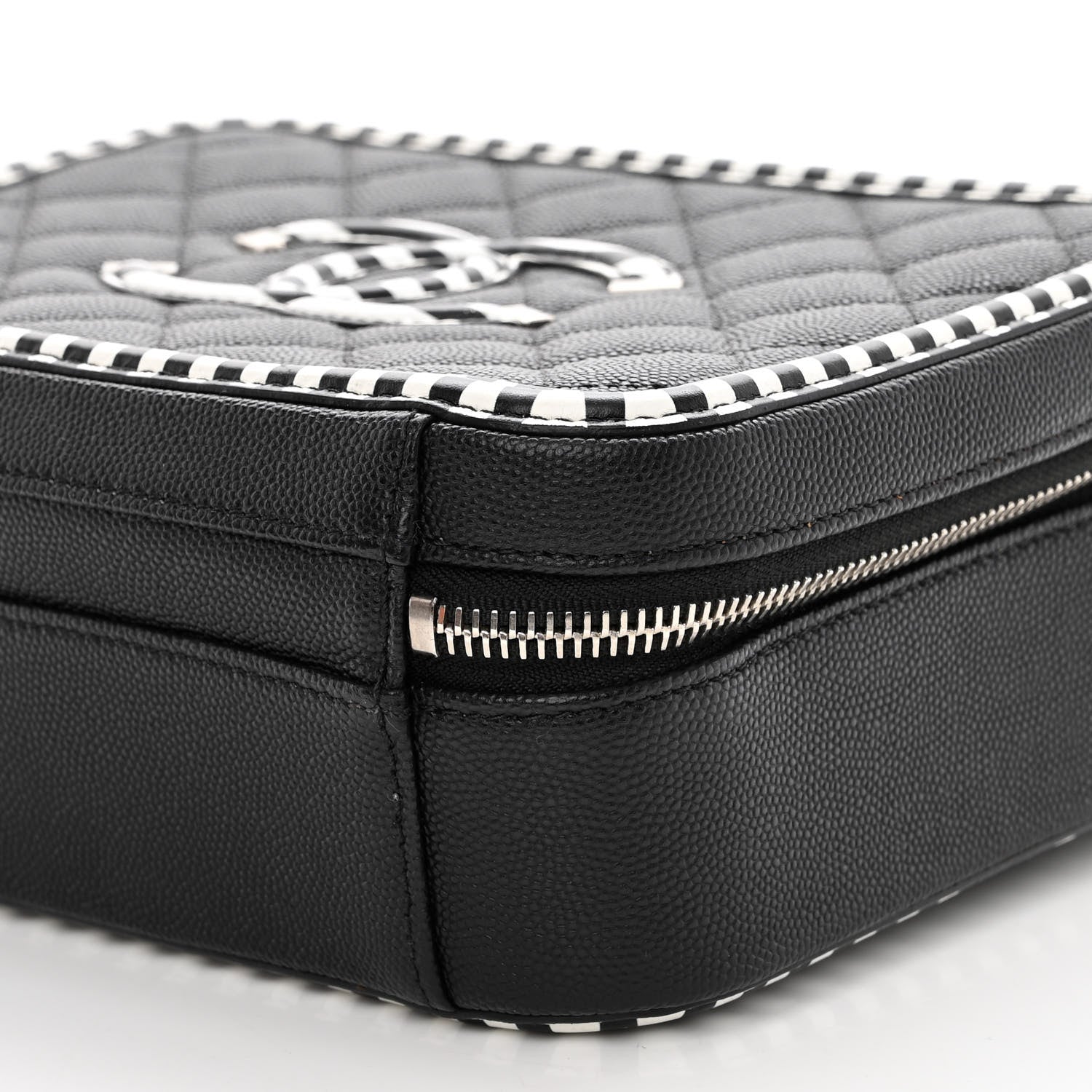 Chanel Caviar Quilted Striped Medium CC Filigree Vanity Case Black White 10 of 10