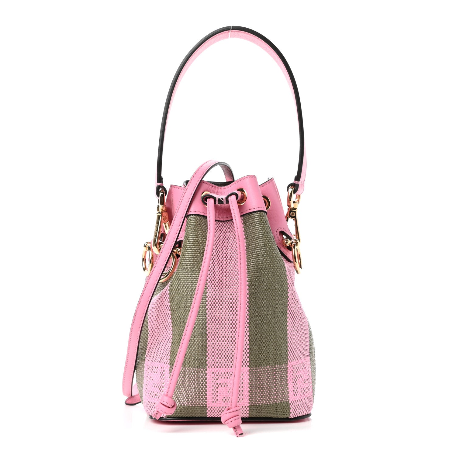 Fendi Raffia Vitello Seta F is Fendi Pequin Gingham Woven Mini Mon Tresor Bucket Bag Military Rosa Lollypop 1 of 9