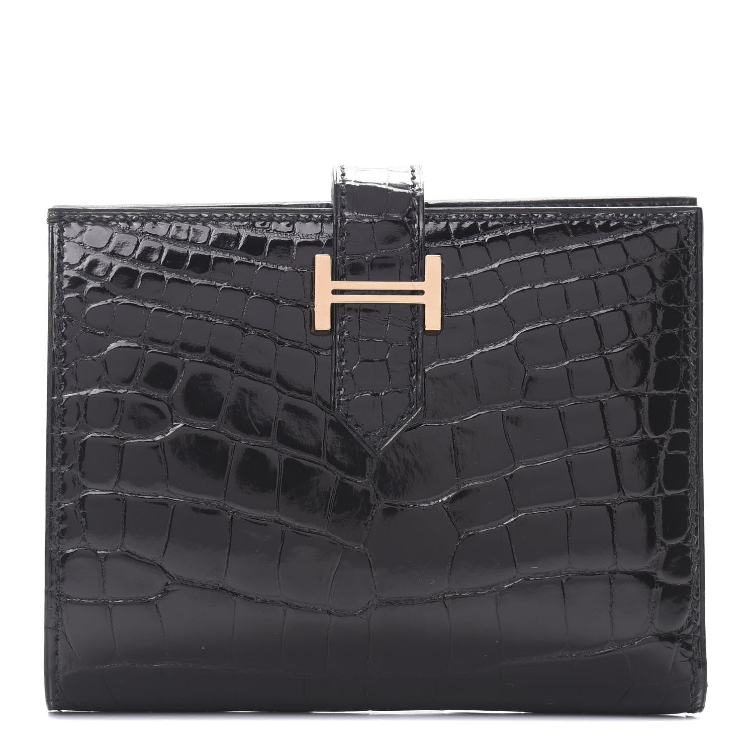 Hermes Shiny Alligator Bearn Compact Wallet Black 1 of 8