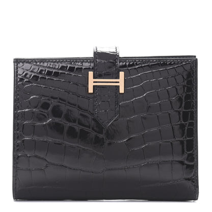 Hermes Shiny Alligator Bearn Compact Wallet Black 1 of 8