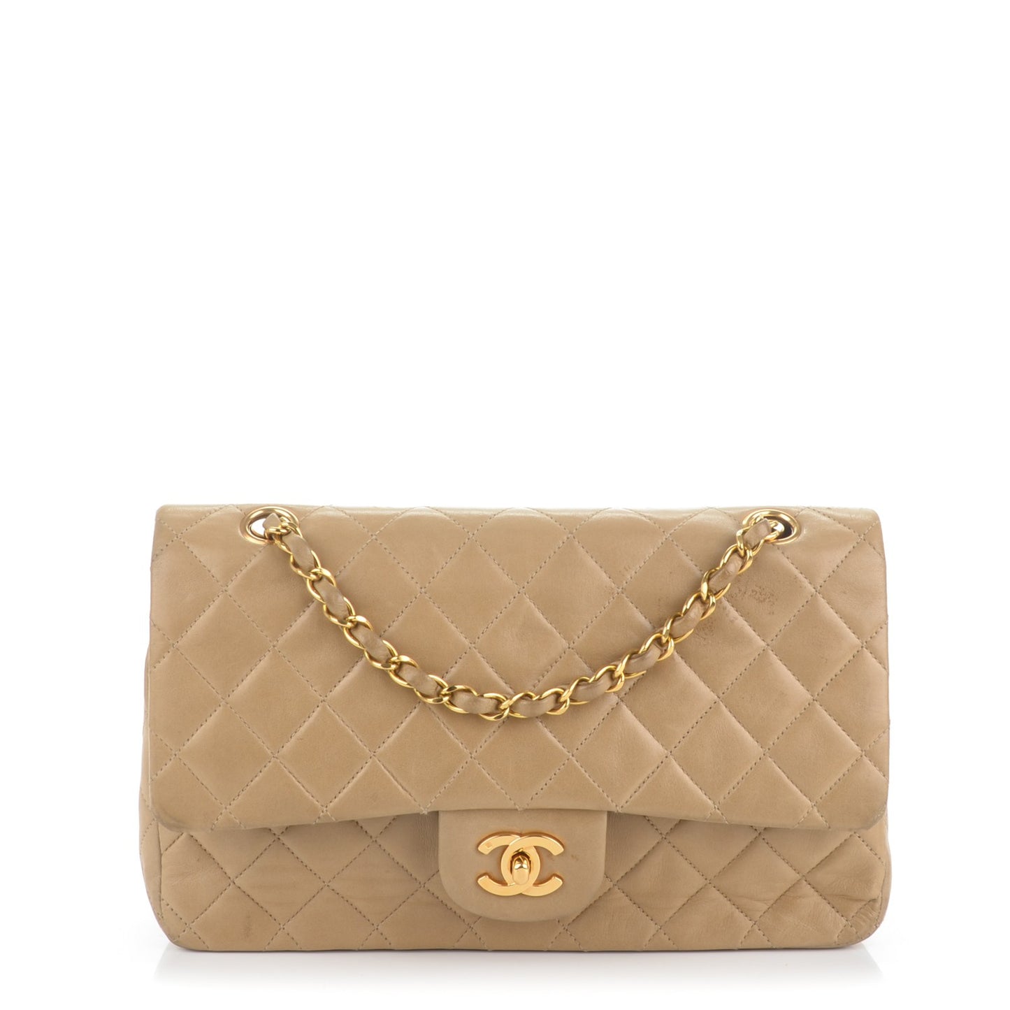 Lambskin Quilted Medium Double Flap Beige