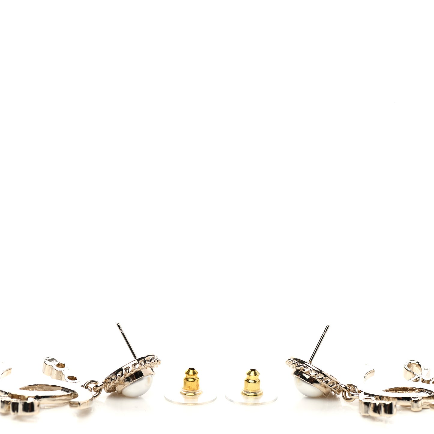 Metal Pearl Crystal Coco Script CC Drop Earrings Gold