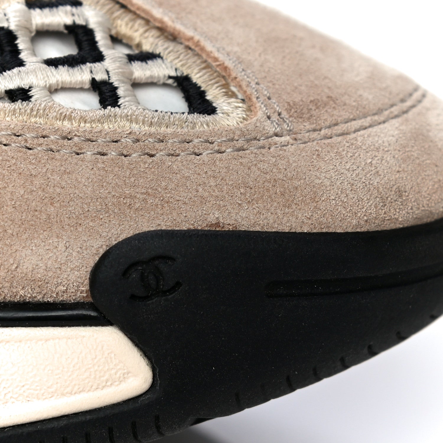 Chanel Suede Calfskin Embroidered CC Sneakers 37.5 Beige Black 13 of 14