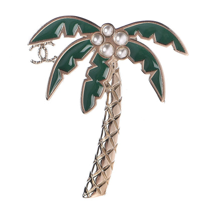 Chanel Enamel Pearl Palm Tree Brooch Green Gold 1 of 4