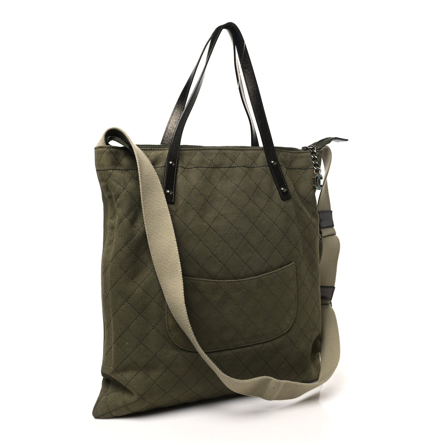 Canvas Tweed Stitched Cuba Patchwork Large Crossbody Shopper Tote Khaki