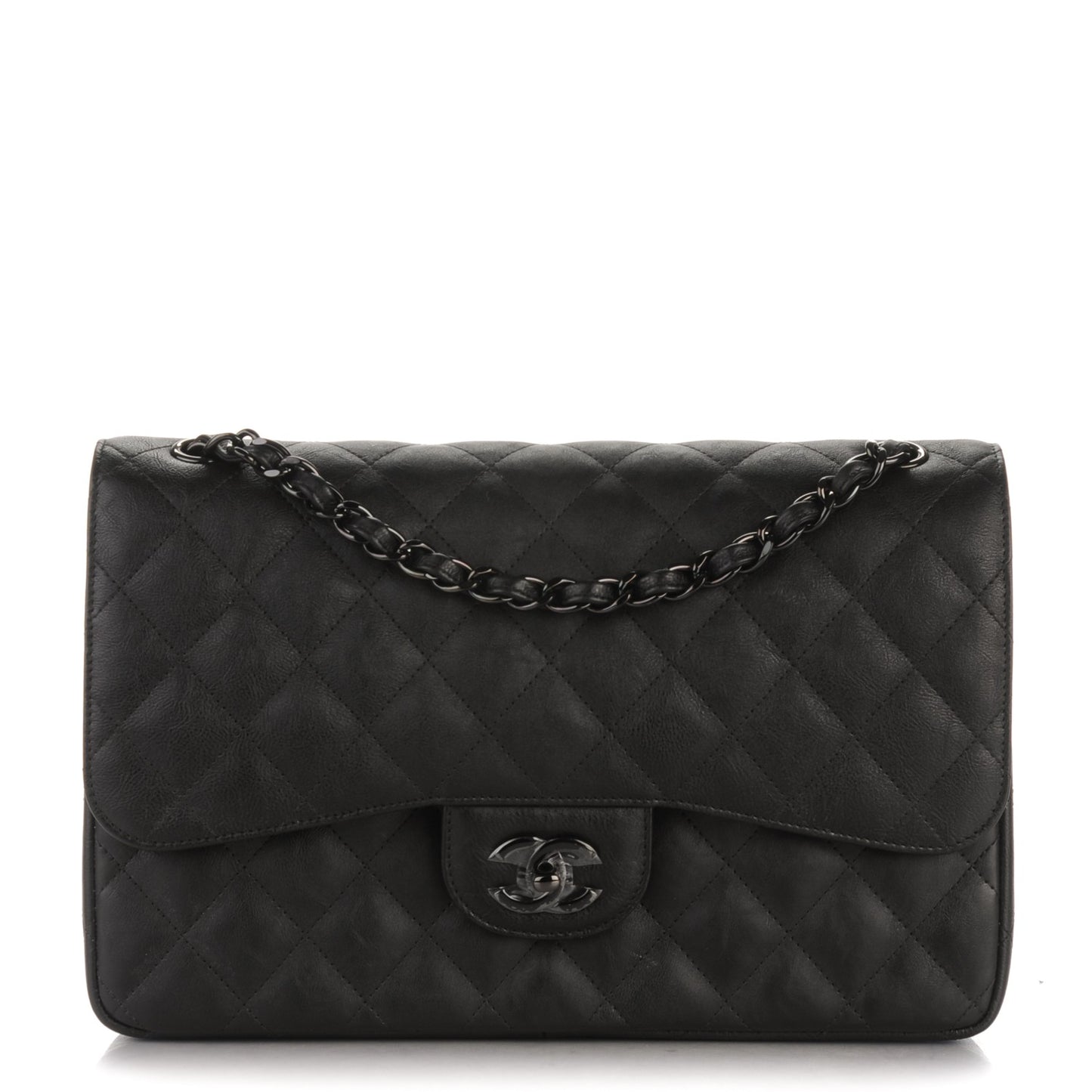 Crumpled Calfskin Quilted Jumbo Double Flap So Black