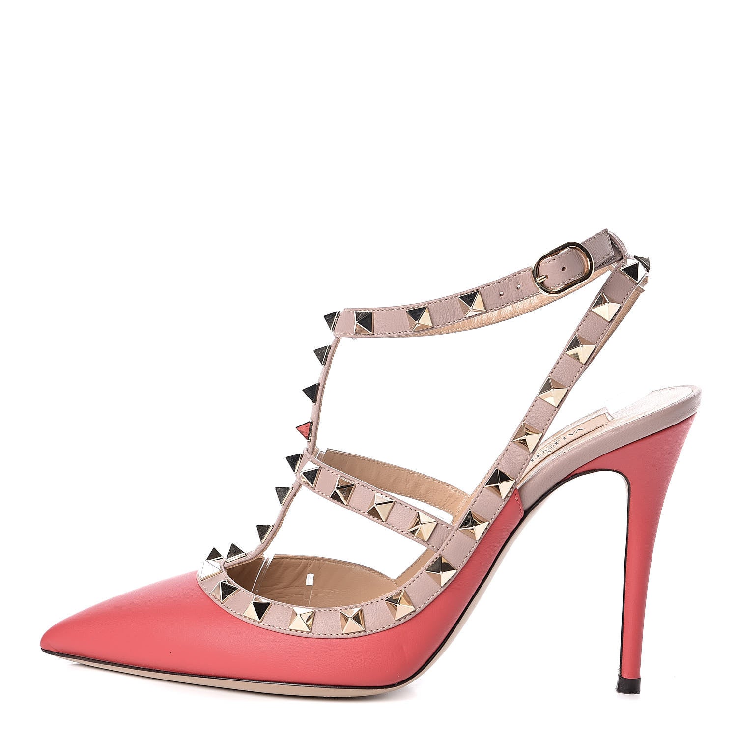 Valentino Garavani Calfskin Nappa Rockstud Ankle Strap 100mm Pumps 37.5 Deep Coral Poudre 1 of 10