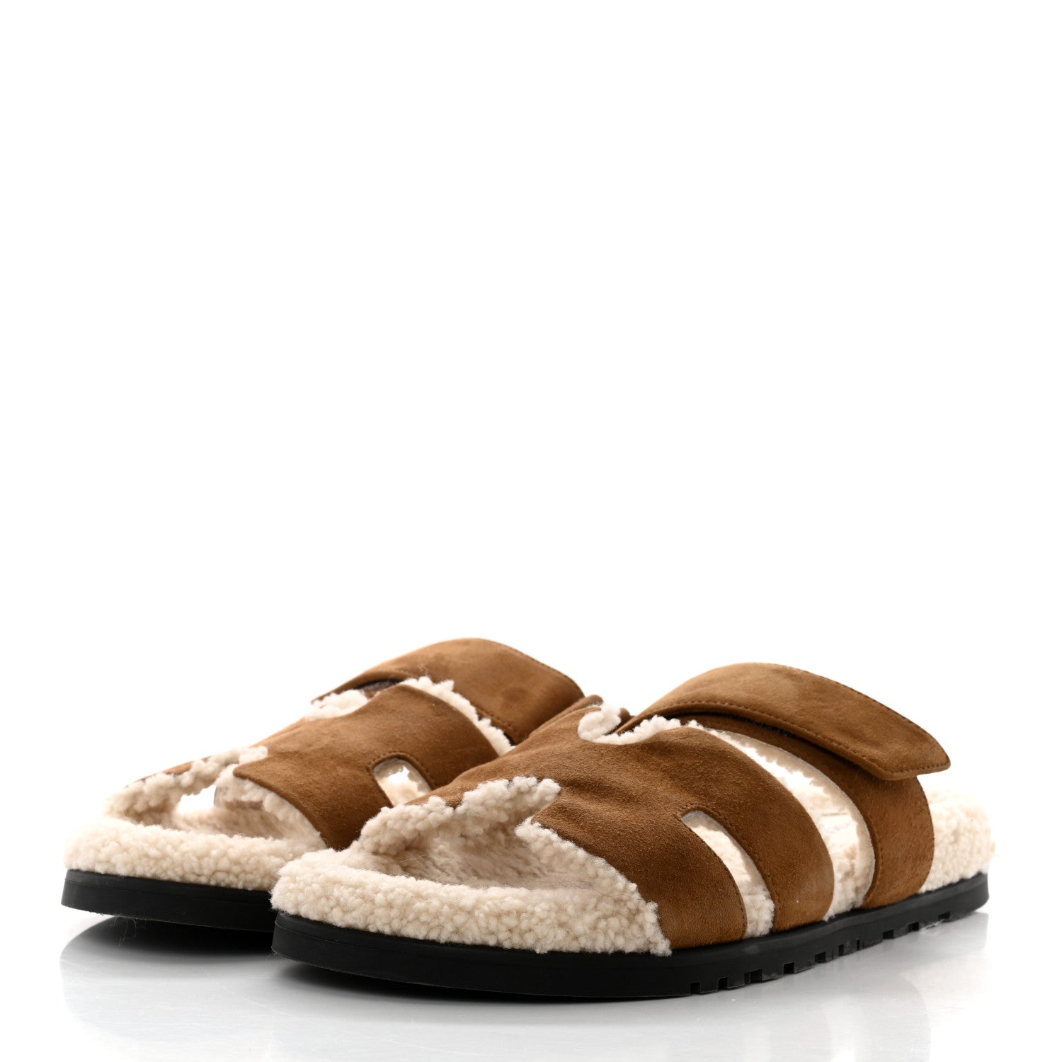 Hermes Suede Goatskin Woolskin Mens Chypre Sandals 41 Brun Fume Ecru 3 of 9