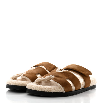Hermes Suede Goatskin Woolskin Mens Chypre Sandals 41 Brun Fume Ecru 3 of 9